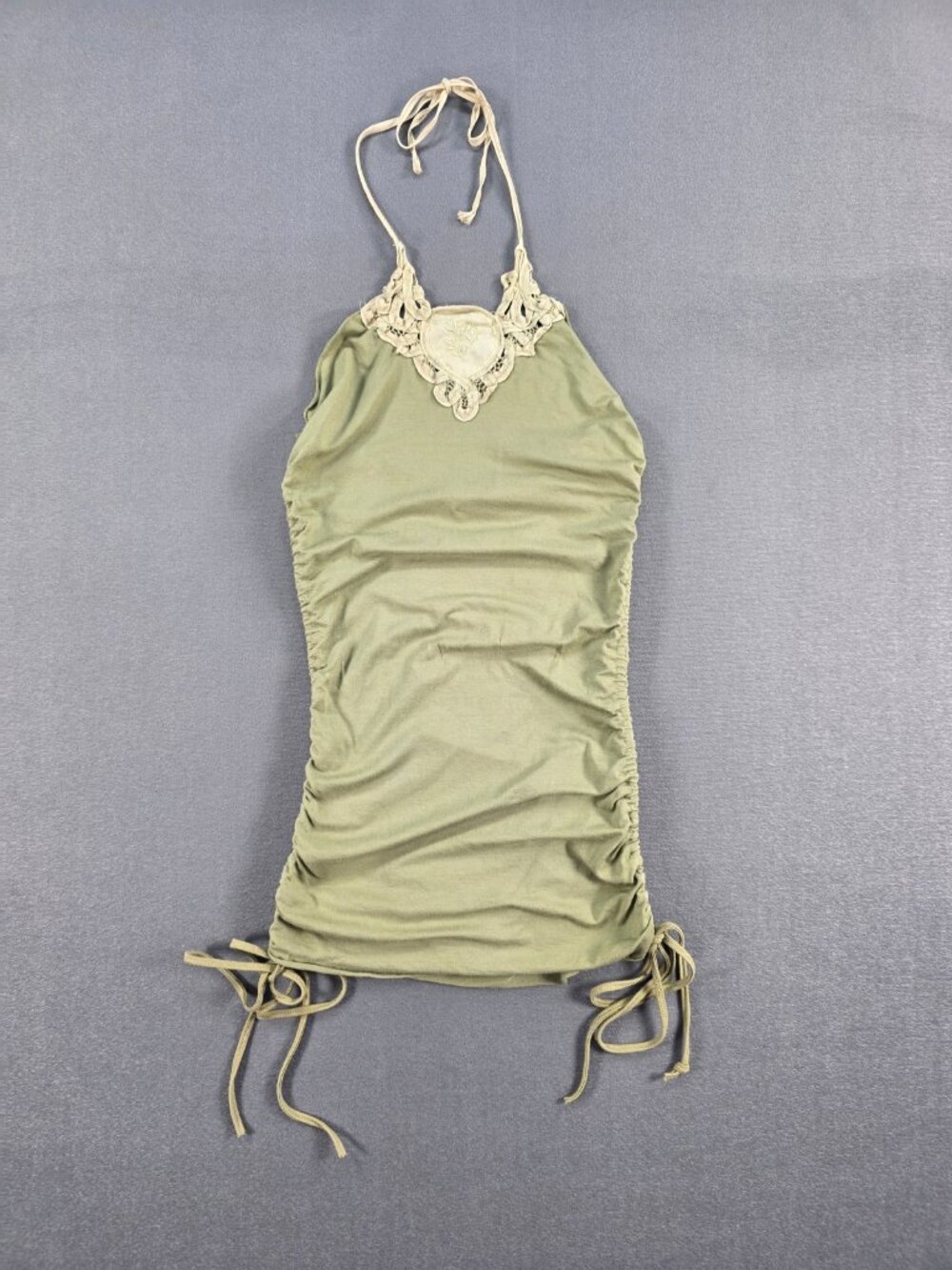 Diab'less Emma Y2K Green Ruched Halter Top Made in France Boho XS (estimated)